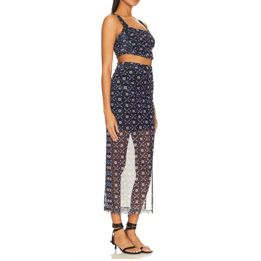 NEW FREE PEOPLE NIGHT SKY GALAXY CORSET FLORAL MESH 2 PIECE TOP SKIRT SET SZ S